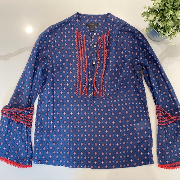 J.Crew Boho Blue  Bell Sleeve Ruffle Blouse - Picture 2 of 9